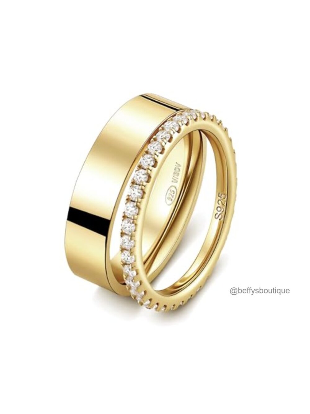 Sterling Silver Eternity Ring & Gold Plated Band Set, CZ Stackable Wedding Rings
